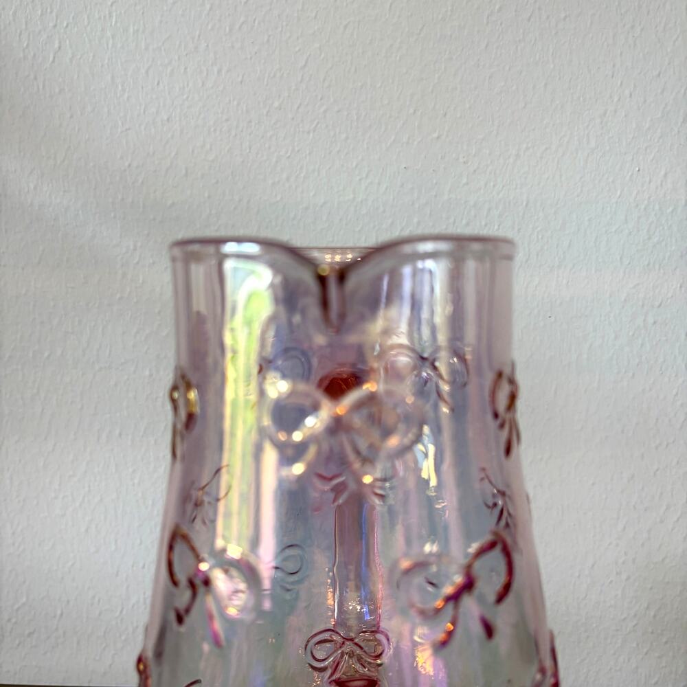BellaLux Embossed Bow PINK Luster Glass Pitcher 9.25in Chic Barware NEW - Picture 3 of 11